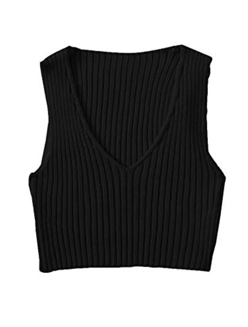 SweatyRocks Women's Ribbed Knit Crop Sleeveless V-Neck Sweater Vest Crop Tank Top