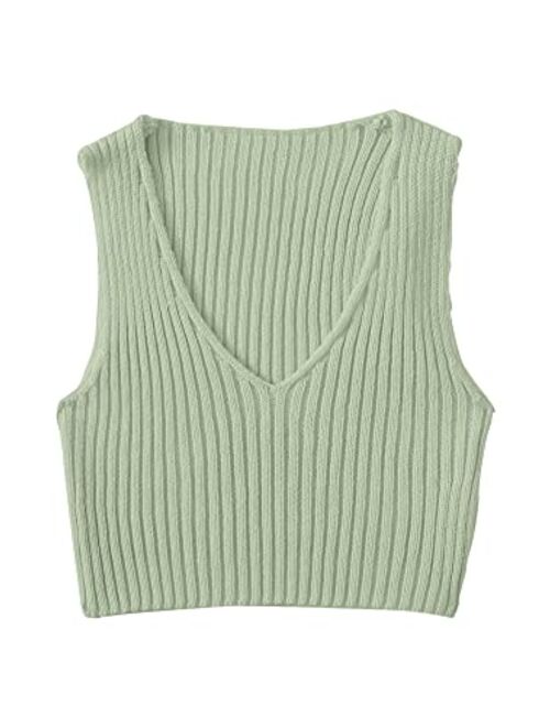 SweatyRocks Women's Ribbed Knit Crop Sleeveless V-Neck Sweater Vest Crop Tank Top