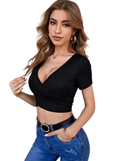 Women's Casual Floral Short Sleeve Deep-V Neck Cross Wrap Tie Back Crop Top