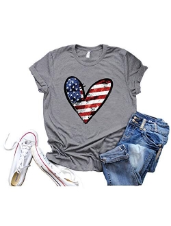 Womens American Flag T-Shirt 4th of July Shirt Graphic Star Heart Cute Tees Short Sleeve Tops