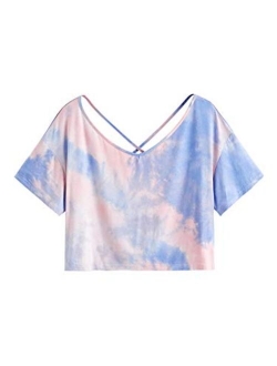 Women's Tie Dye Criss Cross Back Short Sleeve Crop Summer T Shirt