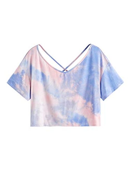 SweatyRocks Women's Tie Dye Criss Cross Back Short Sleeve Crop Summer T Shirt