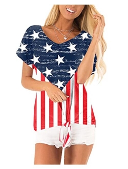 For G and PL Women's 4th of July American Flag Short Sleeve Tie Front Shirt