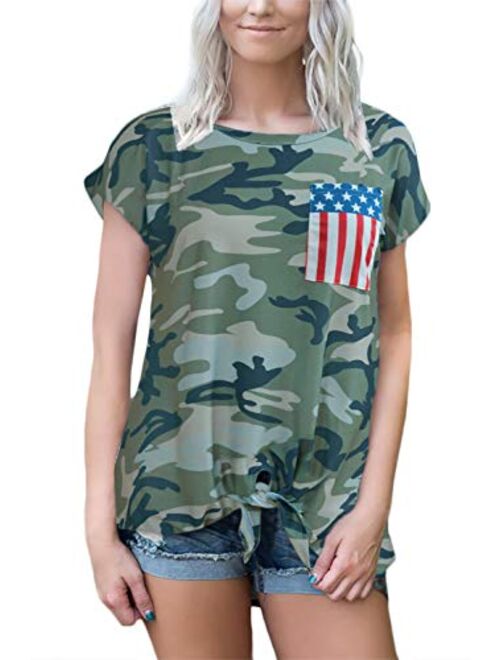 For G and PL Women's 4th of July American Flag Short Sleeve Tie Front Shirt