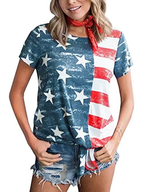 For G and PL Women's 4th of July American Flag Short Sleeve Tie Front Shirt