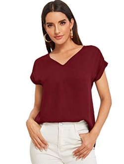 Women's Casual Cuffed Short Sleeve V Neck Chiffon Blouse Shirt Tops