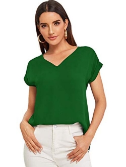 Women's Casual Cuffed Short Sleeve V Neck Chiffon Blouse Shirt Tops