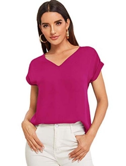 Women's Casual Cuffed Short Sleeve V Neck Chiffon Blouse Shirt Tops