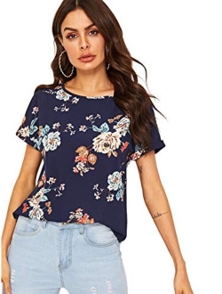 Women's Casual Cuffed Short Sleeve V Neck Chiffon Blouse Shirt Tops