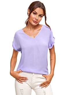 Women's Casual Cuffed Short Sleeve V Neck Chiffon Blouse Shirt Tops