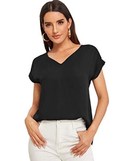 Women's Casual Cuffed Short Sleeve V Neck Chiffon Blouse Shirt Tops