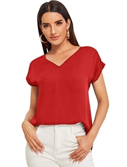 Women's Casual Cuffed Short Sleeve V Neck Chiffon Blouse Shirt Tops