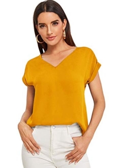 Women's Casual Cuffed Short Sleeve V Neck Chiffon Blouse Shirt Tops