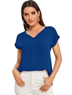 Women's Casual Cuffed Short Sleeve V Neck Chiffon Blouse Shirt Tops