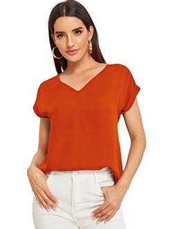 Women's Casual Cuffed Short Sleeve V Neck Chiffon Blouse Shirt Tops