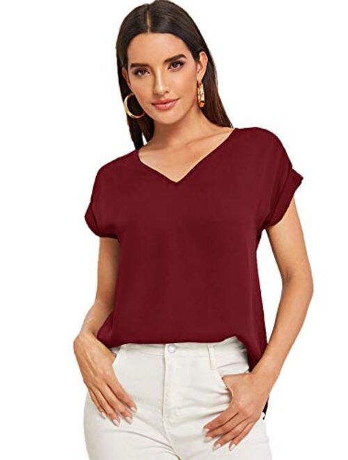 SweatyRocks Women's Casual Cuffed Short Sleeve V Neck Chiffon Blouse Shirt Tops