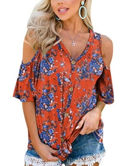 Spadehill Womens Cold Shoulder Button Down Knot Front Short Sleeve Tops