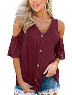 Spadehill Womens Cold Shoulder Button Down Knot Front Short Sleeve Tops