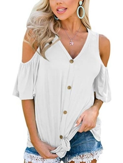 Spadehill Womens Cold Shoulder Button Down Knot Front Short Sleeve Tops