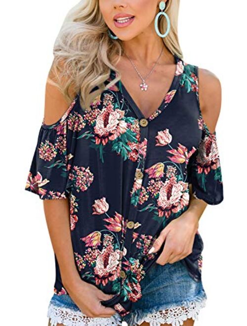 Spadehill Womens Cold Shoulder Button Down Knot Front Short Sleeve Tops