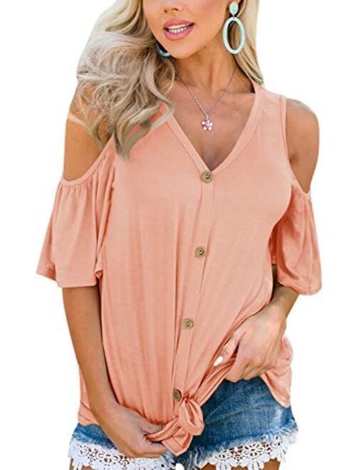 Spadehill Womens Cold Shoulder Button Down Knot Front Short Sleeve Tops