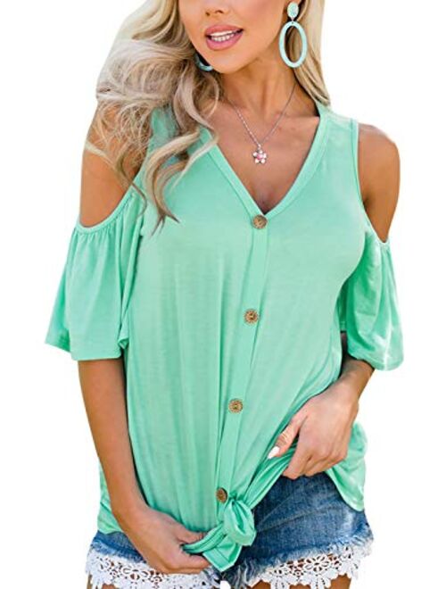 Spadehill Womens Cold Shoulder Button Down Knot Front Short Sleeve Tops