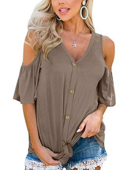 Spadehill Womens Cold Shoulder Button Down Knot Front Short Sleeve Tops