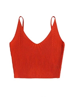 Women's V Neck Crop Cami Top Ribbed Knit Spaghetti Strap Sleeveless Vest