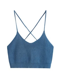 Women's V Neck Crop Cami Top Ribbed Knit Spaghetti Strap Sleeveless Vest