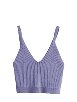 Women's V Neck Crop Cami Top Ribbed Knit Spaghetti Strap Sleeveless Vest