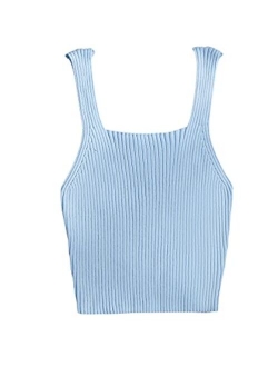 Women's V Neck Crop Cami Top Ribbed Knit Spaghetti Strap Sleeveless Vest