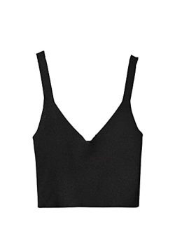 Women's V Neck Crop Cami Top Ribbed Knit Spaghetti Strap Sleeveless Vest