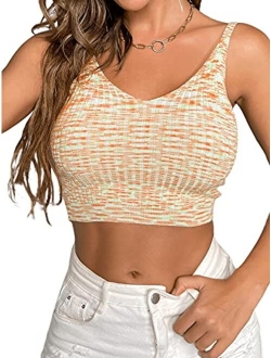 Women's V Neck Crop Cami Top Ribbed Knit Spaghetti Strap Sleeveless Vest