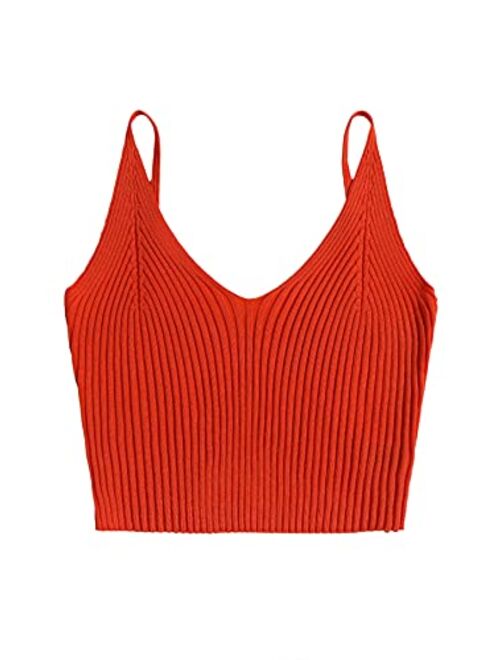 SweatyRocks Women's V Neck Crop Cami Top Ribbed Knit Spaghetti Strap Sleeveless Vest