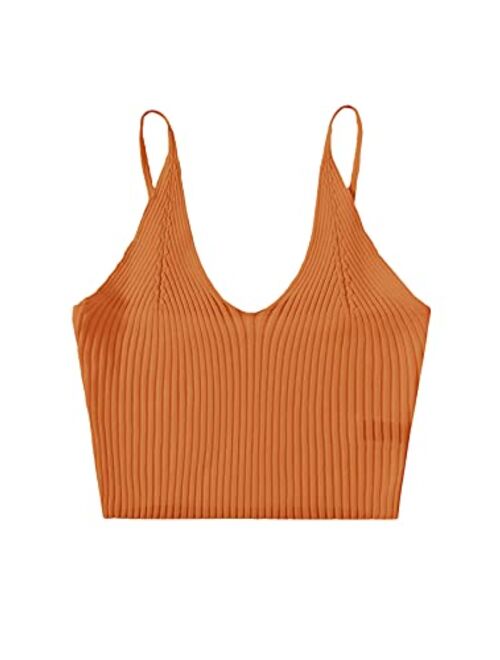 SweatyRocks Women's V Neck Crop Cami Top Ribbed Knit Spaghetti Strap Sleeveless Vest