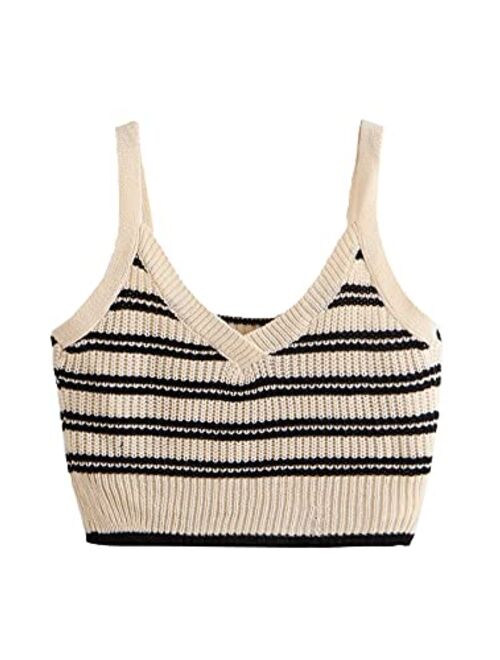 SweatyRocks Women's V Neck Crop Cami Top Ribbed Knit Spaghetti Strap Sleeveless Vest