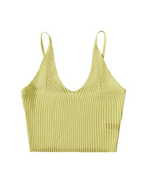 SweatyRocks Women's V Neck Crop Cami Top Ribbed Knit Spaghetti Strap Sleeveless Vest