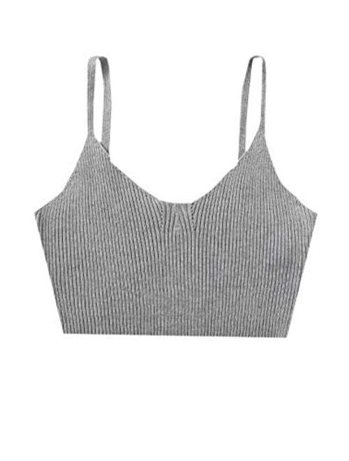 SweatyRocks Women's V Neck Crop Cami Top Ribbed Knit Spaghetti Strap Sleeveless Vest