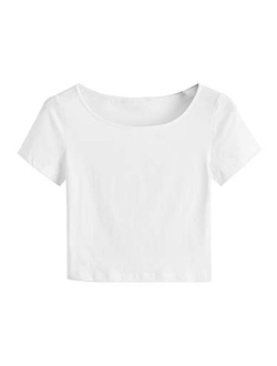 Women's Scoop Neck Basic Solid Short Sleeve Crop Top Tee Shirts