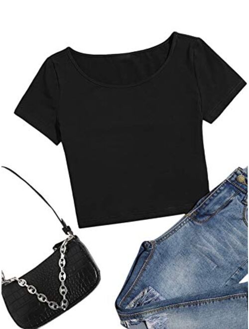 SweatyRocks Women's Scoop Neck Basic Solid Short Sleeve Crop Top Tee Shirts