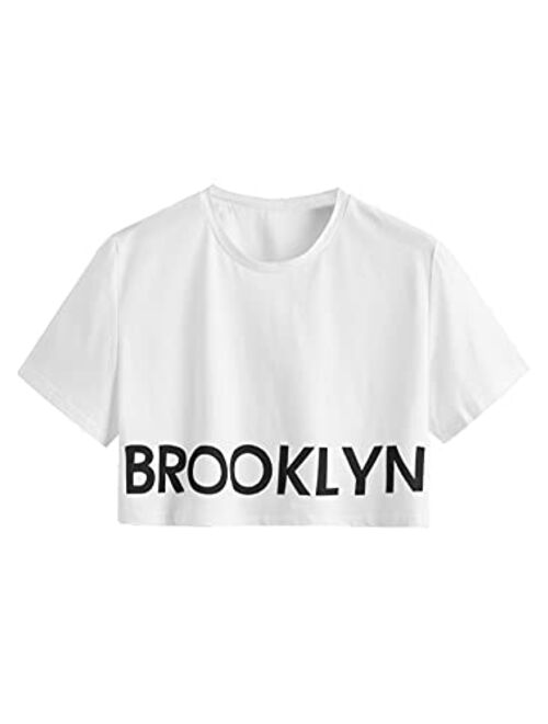 SweatyRocks Women's Summer Letter Print Crop Top T-Shirts Casual Short Sleeve Cropped Tee