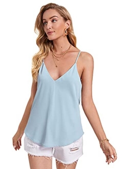 Women's Soft Solid Deep V Neck Sleeveless Spaghetti Strap Cami Tank Top Loose Chiffon Blouse Camisole