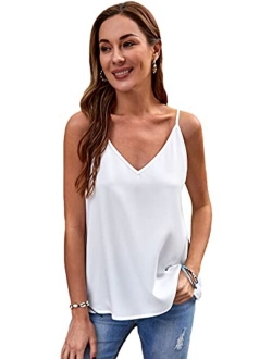 Women's Soft Solid Deep V Neck Sleeveless Spaghetti Strap Cami Tank Top Loose Chiffon Blouse Camisole