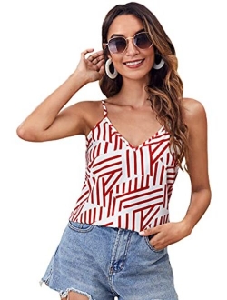 Women's Soft Solid Deep V Neck Sleeveless Spaghetti Strap Cami Tank Top Loose Chiffon Blouse Camisole