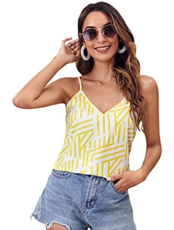 Women's Soft Solid Deep V Neck Sleeveless Spaghetti Strap Cami Tank Top Loose Chiffon Blouse Camisole