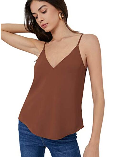 SweatyRocks Women's Soft Solid Deep V Neck Sleeveless Spaghetti Strap Cami Tank Top Loose Chiffon Blouse Camisole