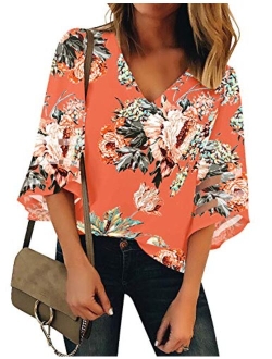 LookbookStore Women's V Neck Shirt Printed Top 3/4 Bell Sleeve Mesh Panel Blouse