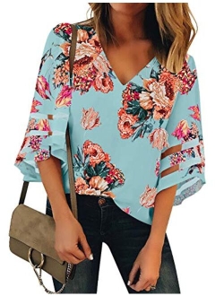 LookbookStore Women's V Neck Shirt Printed Top 3/4 Bell Sleeve Mesh Panel Blouse