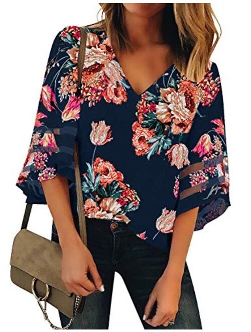 LookbookStore Women's V Neck Shirt Printed Top 3/4 Bell Sleeve Mesh Panel Blouse