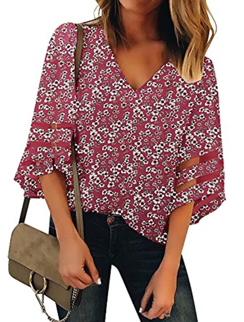 LookbookStore Women's V Neck Shirt Printed Top 3/4 Bell Sleeve Mesh Panel Blouse